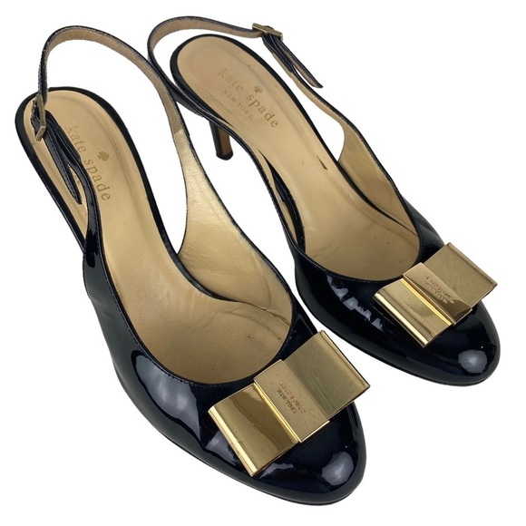 Kate Spade Black Sling Back Heels Gold Bow Made in Italy Size 7.5 Patent Leather - Picture 2 of 11